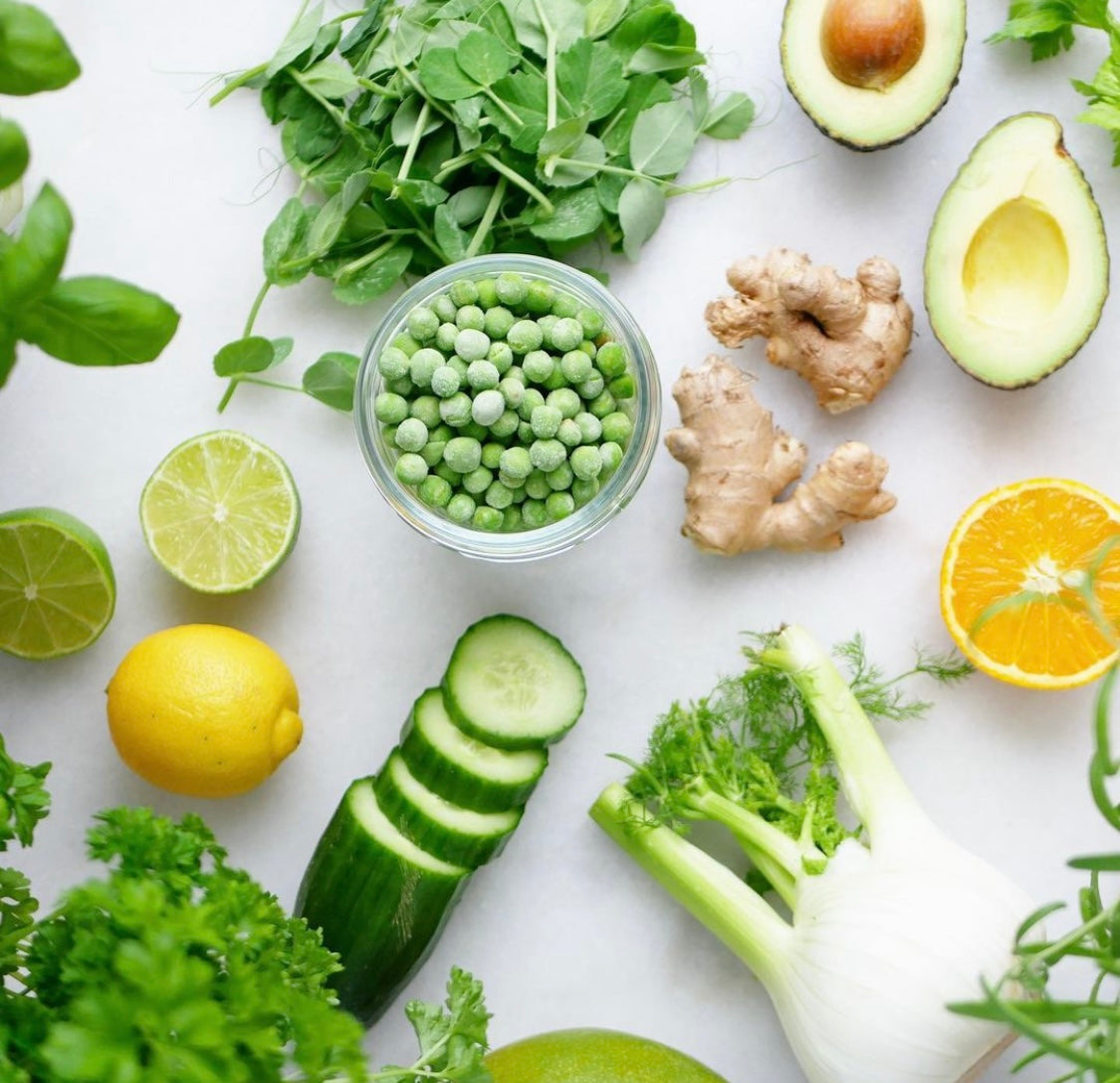 Ærter, agurk, avokado, ingefær, fennikel og spinat