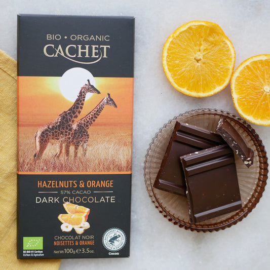 Cachet økologisk mørk chokolade | med appelsin og hasselnød