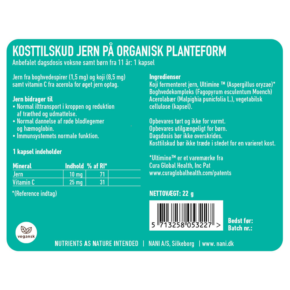 Etiket på Nani jern + C-vitamin kosttilskud